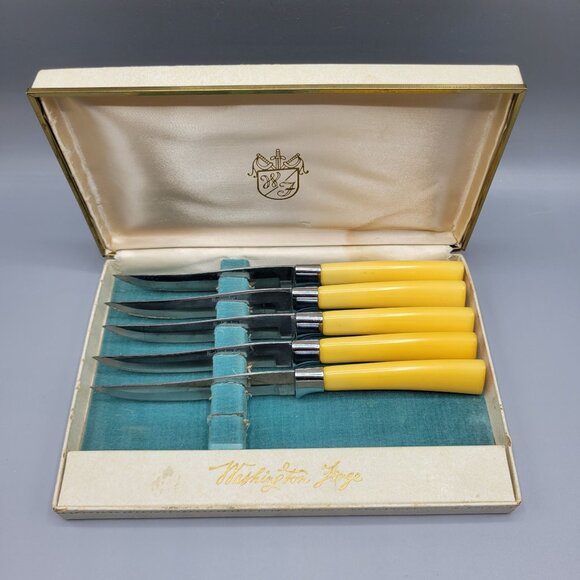 Vtg MCM Washington Forge Steak Knife Set Bakelite Yellow Handles Original Box - Picture 5 of 14